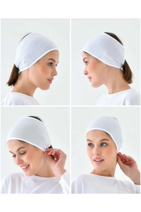 Beyaz Saç Bandı Spor Model Toka Detaylı Bandana Bone Pamuklu geniş