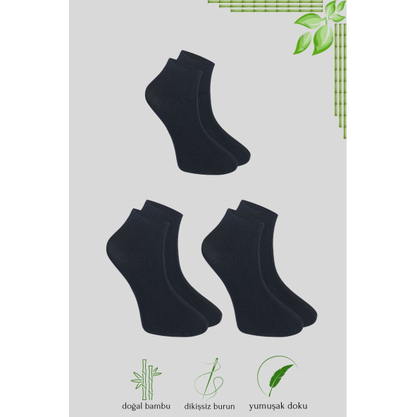 Erkek Bambu Patik Düz Desen Dikişsiz Çorap 3 Çift - 4