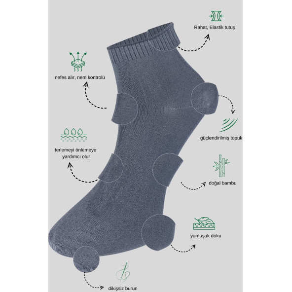 Erkek Bambu Patik Düz Desen Dikişsiz Çorap 3 Çift - 2