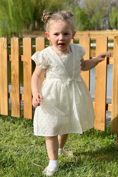 Kız Bebek Elbise Kız Çocuk Elbise Doğum Günü Parti Düğün Elbise Dantelli Kısa Kol Astarlı Elbise - 8