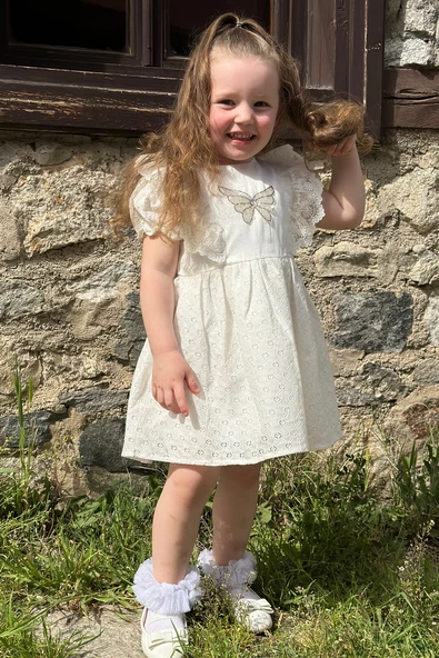 Kız Bebek Elbise Kız Çocuk Elbise Doğum Günü Parti Düğün Elbise Dantelli Kısa Kol Astarlı Elbise - 6
