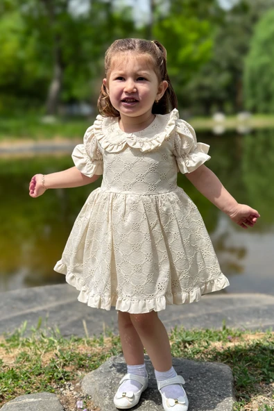 Kız Bebek Elbise Kız Çocuk Elbise Doğum Günü Parti Düğün Elbise Dantelli Kısa Kol Astarlı Elbise - 10