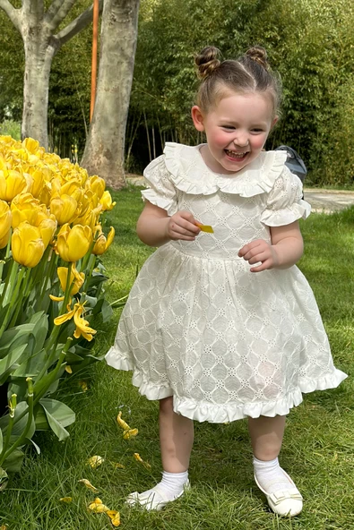Kız Bebek Elbise Kız Çocuk Elbise Doğum Günü Parti Düğün Elbise Dantelli Kısa Kol Astarlı Elbise - 9
