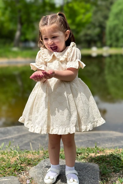 Kız Bebek Elbise Kız Çocuk Elbise Doğum Günü Parti Düğün Elbise Dantelli Kısa Kol Astarlı Elbise - 4