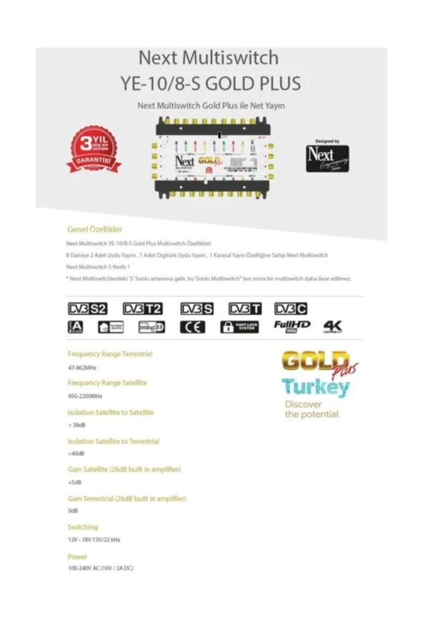 Next YE 10/8 Gold Plus KASKAD Uydu Santrali+ ADAPTÖR YOKTUR