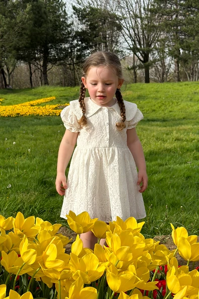 Kız Bebek Elbise Kız Çocuk Elbise Doğum Günü Parti Düğün Elbise Dantelli Kısa Kol Astarlı Elbise - 5