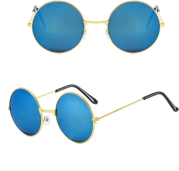 Yuvarlak Cam John Lennon Tarzı Gold Çerçeveli Mavi Gözlük