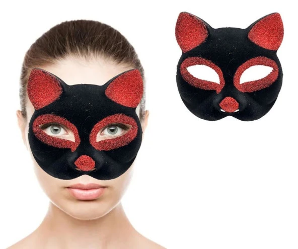 Siyah Renk Kırmızı Simli Süet Kaplama Kedi Maskesi 18x14 cm