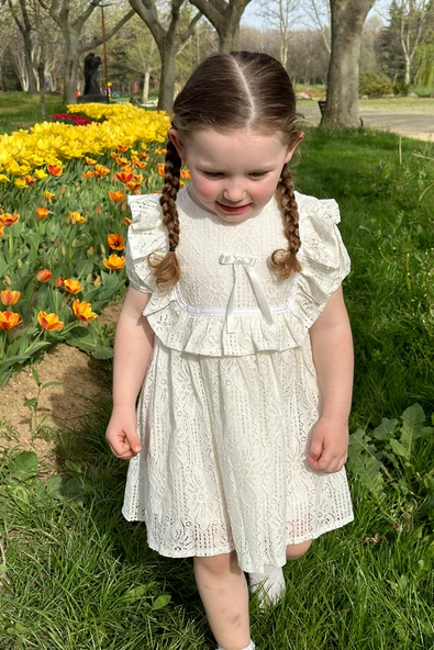 Kız Bebek Elbise Kız Çocuk Elbise Doğum Günü Parti Düğün Elbise Dantelli Kısa Kol Astarlı Elbise - 2