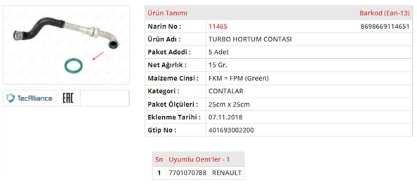TURBO HORTUMU CONTASI RENAULT MEGANE III 1.5 DCIRENAULT FLUENCE 1.5 DCI 7701070788