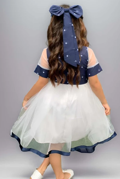 Kız Çocuk Kurdele Toka ve Şerit Detaylı Tüllü Desenli Mavi Elbise - Resim 3