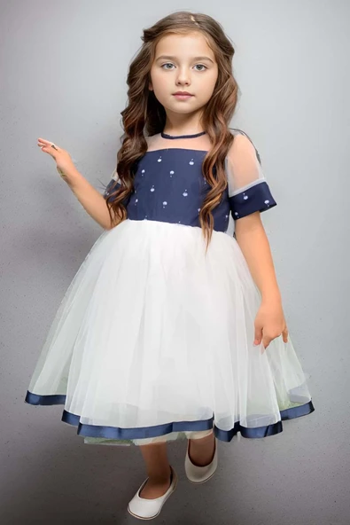 Kız Çocuk Kurdele Toka ve Şerit Detaylı Tüllü Desenli Mavi Elbise ürün görseli