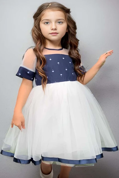 Kız Çocuk Kurdele Toka ve Şerit Detaylı Tüllü Desenli Mavi Elbise - Resim 4