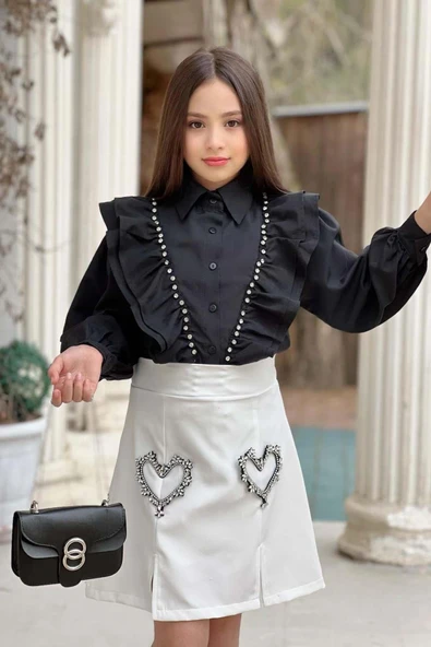 Kız Çocuk Taş İşlemeli Fırfırlı Beyaz Etekli Takım - Resim 4