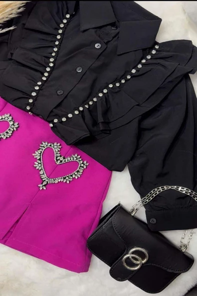 Kız Çocuk Taş İşlemeli Fırfırlı Mor Etekli Takım - Resim 3