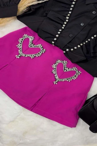 Kız Çocuk Taş İşlemeli Fırfırlı Mor Etekli Takım - Resim 4