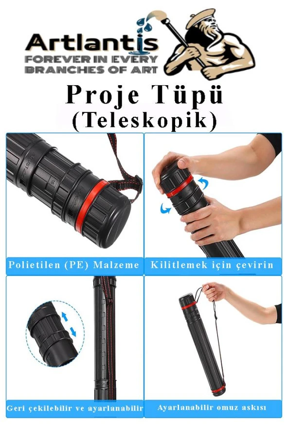 Proje Tüpü Siyah Dar 1 Adet Teleskopik Bozuka Proje Tüpü İki Kademeli Teknik Çizim Çantası - 2