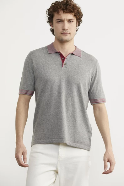 Polo Yaka Kısa Kol Triko Tişört - Gri - Resim 2