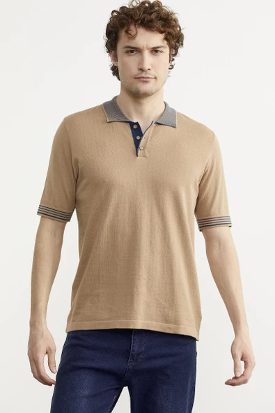 Polo Yaka Kısa Kol Triko Tişört - Kamel ürün görseli 1