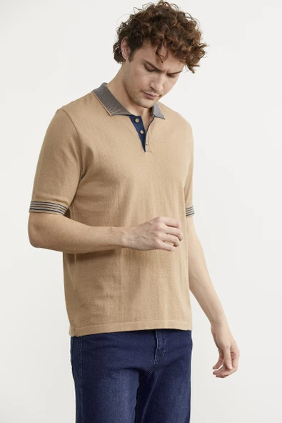 Polo Yaka Kısa Kol Triko Tişört - Kamel - Resim 4