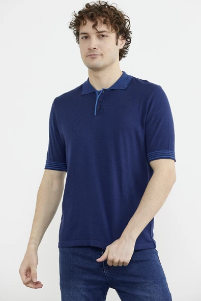 Polo Yaka Kısa Kol Triko Tişört - Lacivert - Resim 2