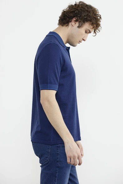 Polo Yaka Kısa Kol Triko Tişört - Lacivert - Resim 4