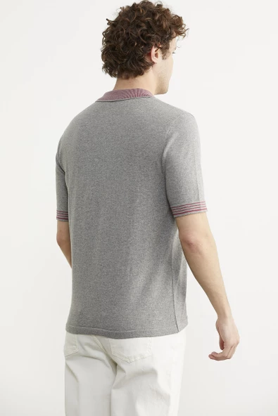 Polo Yaka Kısa Kol Triko Tişört - Gri - Resim 4