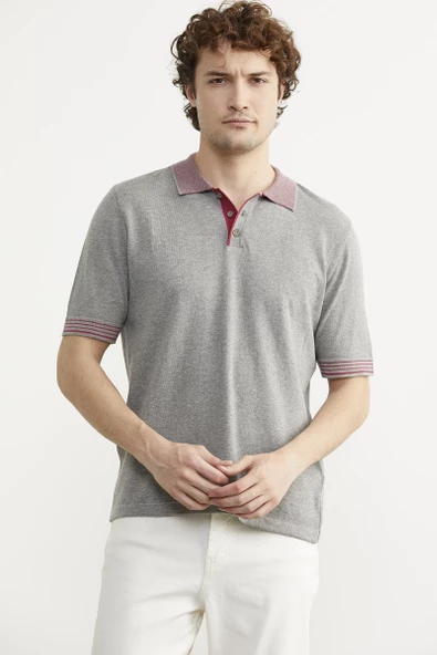 Polo Yaka Kısa Kol Triko Tişört - Gri ürün görseli