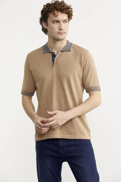 Polo Yaka Kısa Kol Triko Tişört - Kamel - Resim 2