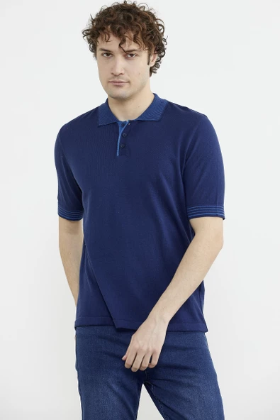 Polo Yaka Kısa Kol Triko Tişört - Lacivert ürün görseli 1