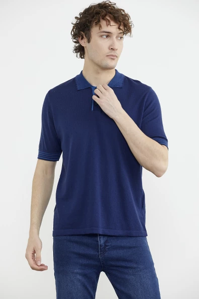 Polo Yaka Kısa Kol Triko Tişört - Lacivert - Resim 3