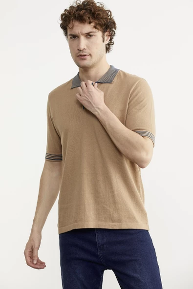 Polo Yaka Kısa Kol Triko Tişört - Kamel - Resim 3