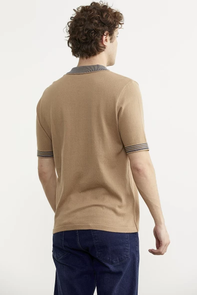 Polo Yaka Kısa Kol Triko Tişört - Kamel - Resim 5