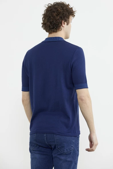 Polo Yaka Kısa Kol Triko Tişört - Lacivert - Resim 5