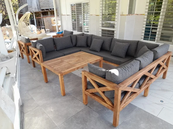 ODUNS Manolya Bahçe Balkon Teras Ahşap U Model Köşe Koltuk Takımı - 3