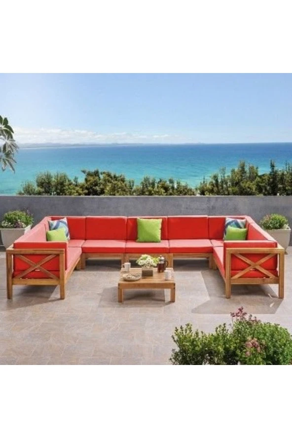 ODUNS Manolya Bahçe Balkon Teras Ahşap U Model Köşe Koltuk Takımı