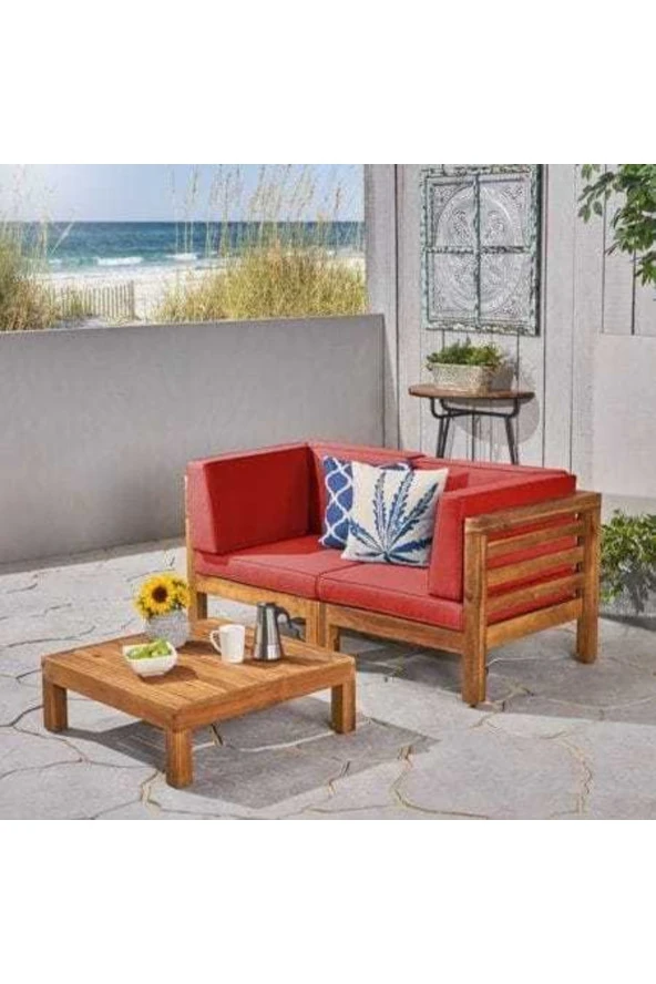 ODUNS Larina Bahçe balkon Teras Ahşap İkili Koltuk ve Sehpa (Kırmızı)