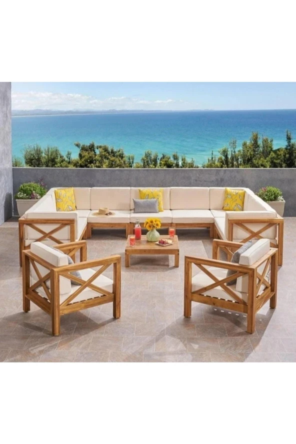 ODUNS Kayra Bahçe Balkon Teras Ahşap U Model Köşe Koltuk Takımı