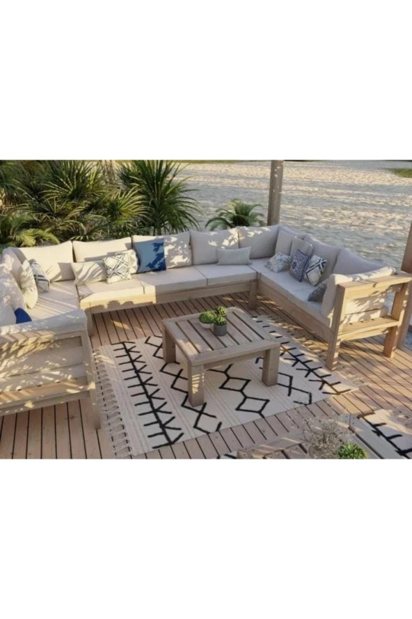 ODUNS Begonya Bahçe Balkon Teras Ahşap Köşe Koltuk Takımı - 2