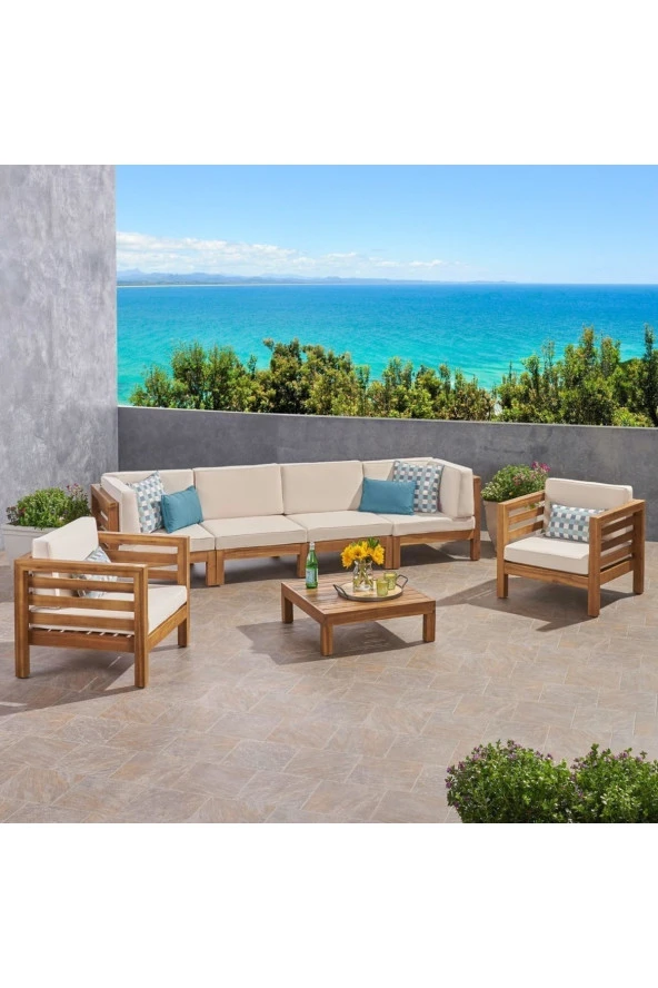 ODUNS Veronika 4+1+1 Bahçe Balkon Teras Ahşap Oturma Grubu (Krem)