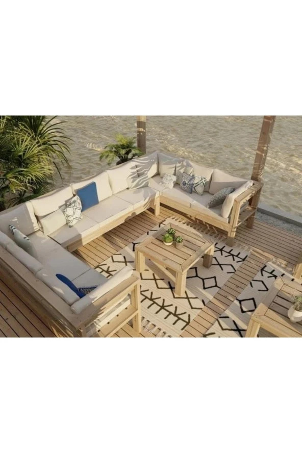 ODUNS Begonya Bahçe Balkon Teras Ahşap Köşe Koltuk Takımı - 3