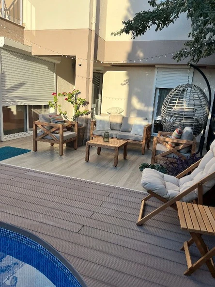 ODUNS Nora 2+1+1 Bahçe Balkon Teras Ahşap Oturma Grubu (Füme) - 3