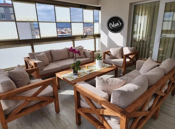 ODUNS Simera 3+3+1+1 Bahçe Balkon Teras Ahşap Oturma Grubu (Mavi) - 2