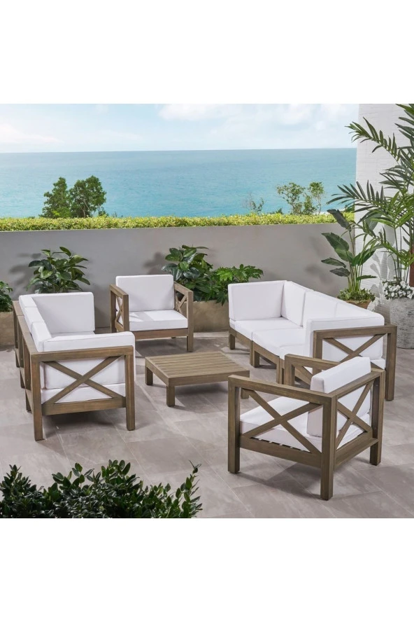 ODUNS Simera 3+3+1+1 Bahçe Balkon Teras Ahşap Oturma Grubu (Beyaz)