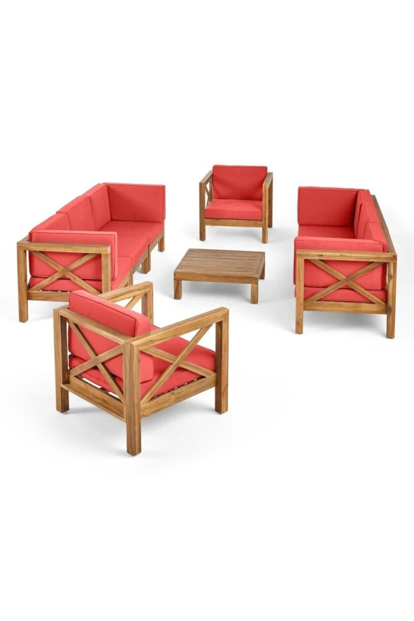 ODUNS Simera 3+3+1+1 Bahçe Balkon Teras Ahşap Oturma Grubu (Kırmızı)
