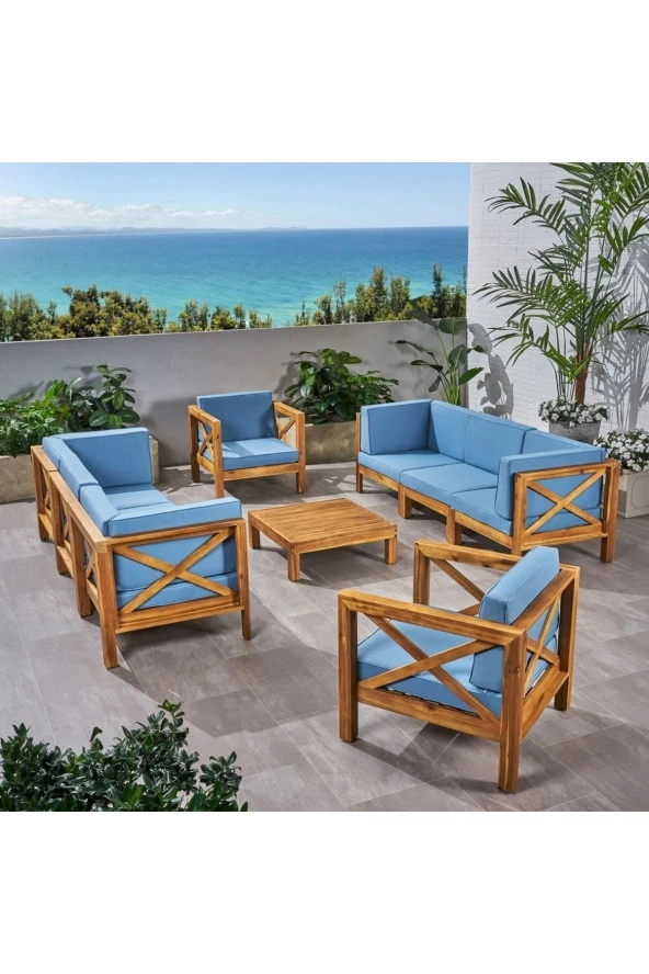 ODUNS Simera 3+3+1+1 Bahçe Balkon Teras Ahşap Oturma Grubu (Mavi)