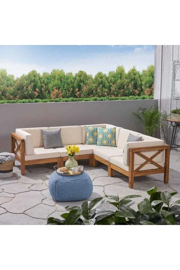 ODUNS Andres Bahçe Balkon Teras Ahşap Köşe Takımı (Krem)