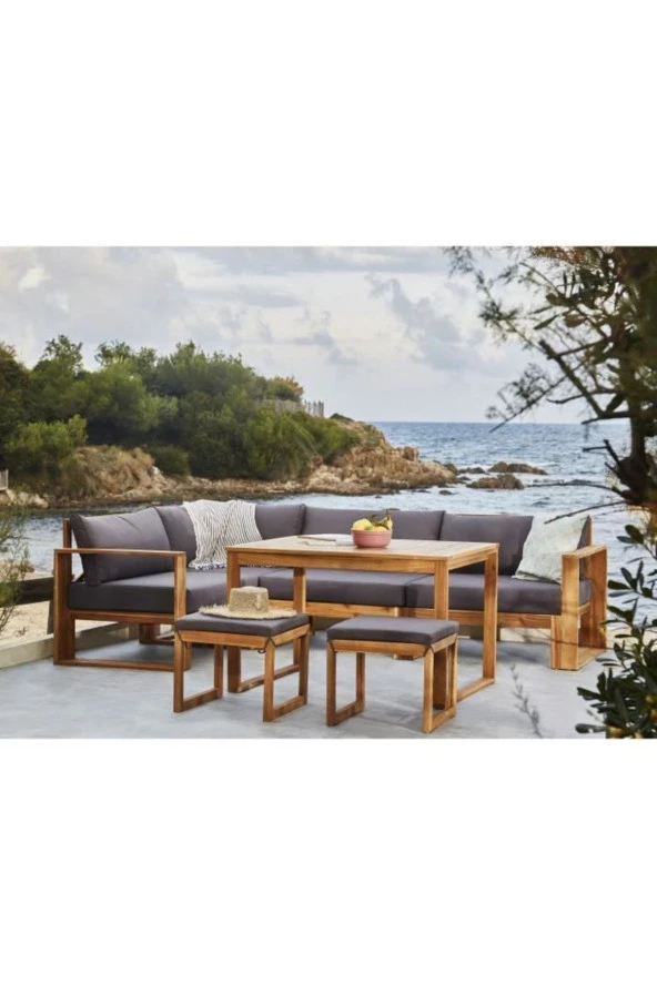 ODUNS Lavinya Bahçe Balkon Teras Ahşap Köşe Takımı (Antrasit)