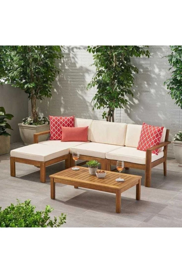 ODUNS Stella Bahçe Balkon Teras Ahşap Köşe Takımı (Krem)