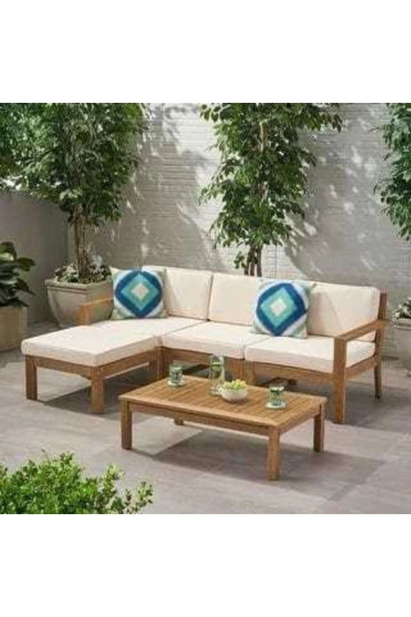 ODUNS Stella Bahçe Balkon Teras Ahşap Köşe Takımı (Krem) - 2